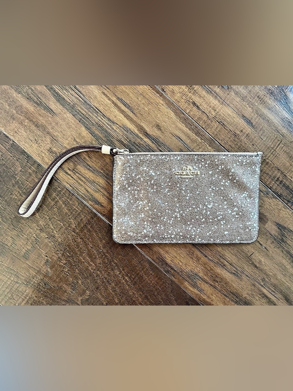 Coach Star Glitter Corner Zip Wristlet Wallet in Brown & White